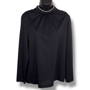 Vintage Ko Ko Knit Black Mock Neck Blouse Long Sleeve High Collar Pearl Accent